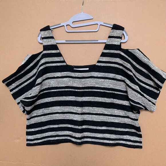 MORGAN CARPER Anthropologie Boucle Knit Stripe Open Cold Shoulder Top - Picture 5 of 12